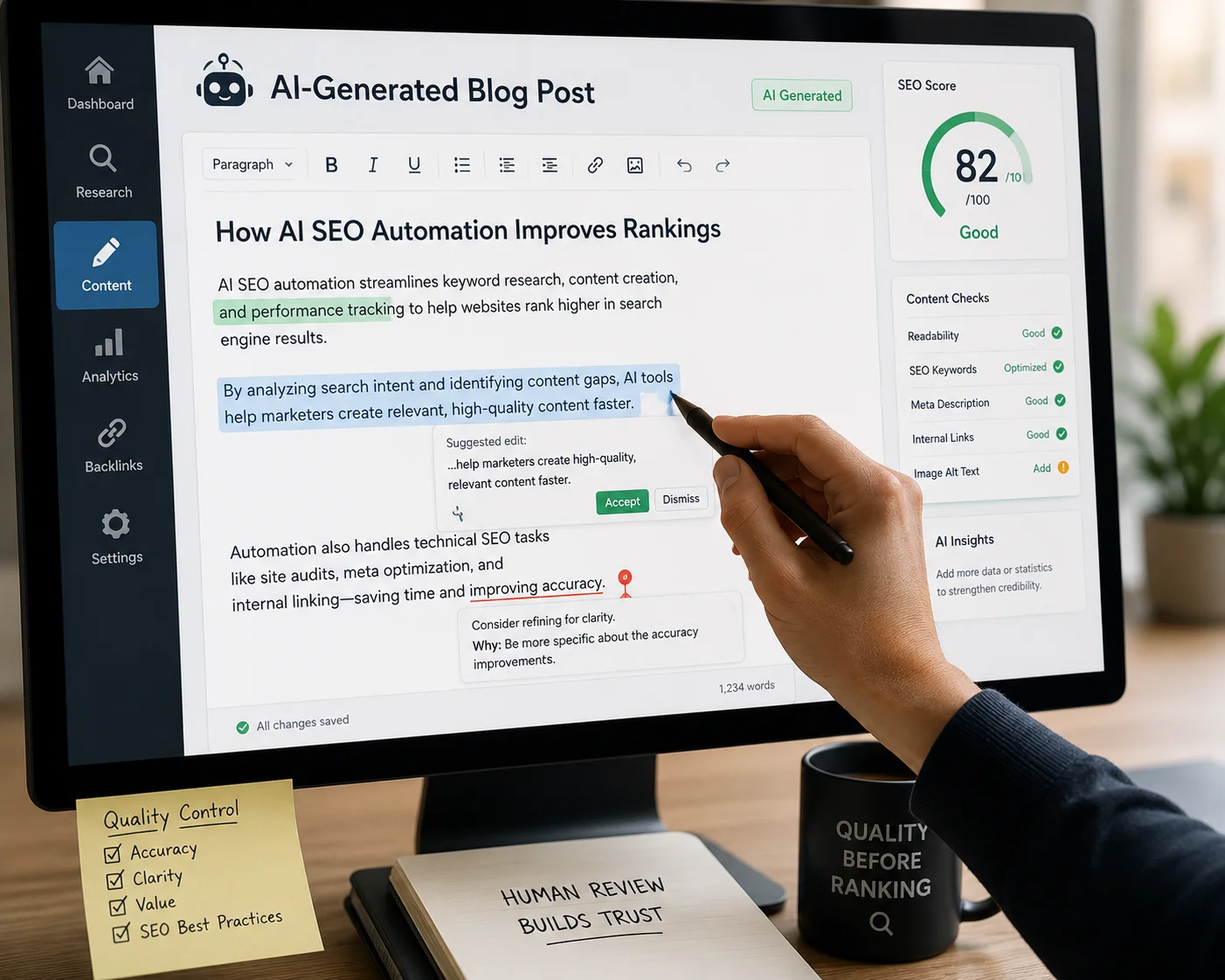 رسم توضيحي يبين يد بشرية تلمس نصاً آلياً في بيئة عمل SEO، مع خط فاصل بين المحتوى الخام والمحتوى المنشور.