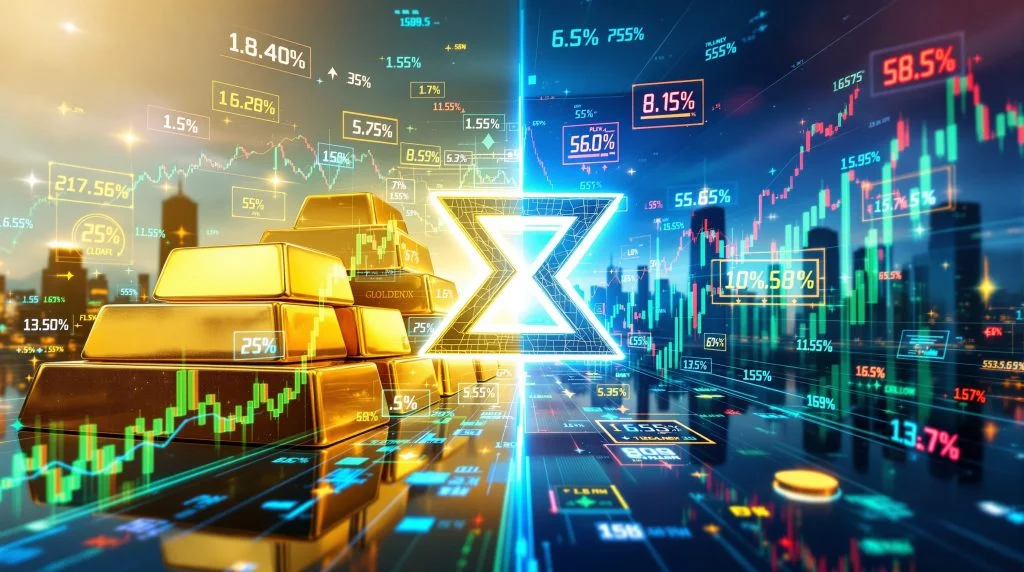 شاشة تداول تعرض أسعار الذهب وأسهم التكنولوجيا في بورصة عالمية