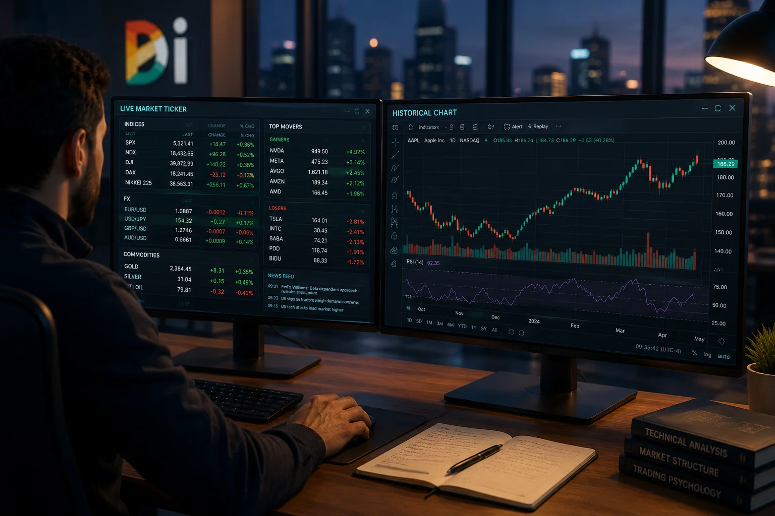 متداول فردي يجلس أمام شاشتين، واحدة تعرض أسعاراً فورية تتدحرج بسرعة، والأخرى تعرض رسماً بيانياً شمعياً لأداء سنة كاملة