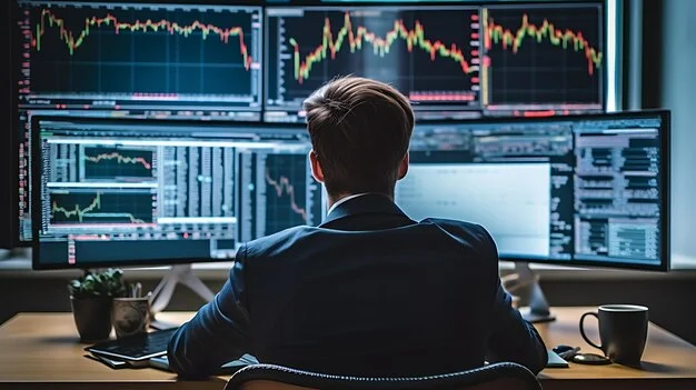 متداول ينظر إلى شاشة متعددة الرسوم البيانية تظهر قفزة أسهم الكم بعد البيع